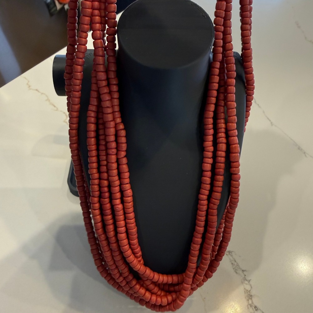 Boho Statement Red Wood Bead Multi Strand Necklace Layered Chunky Collar